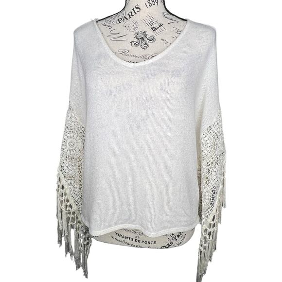 Hollister (OS) Cream Lace Tassel Fringe Sleeve Loose Fit Knit Poncho Top - Picture 7 of 12